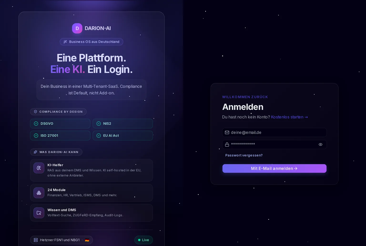 Anmeldemaske von DARION-AI mit den Feldern E-Mail-Adresse und Passwort.