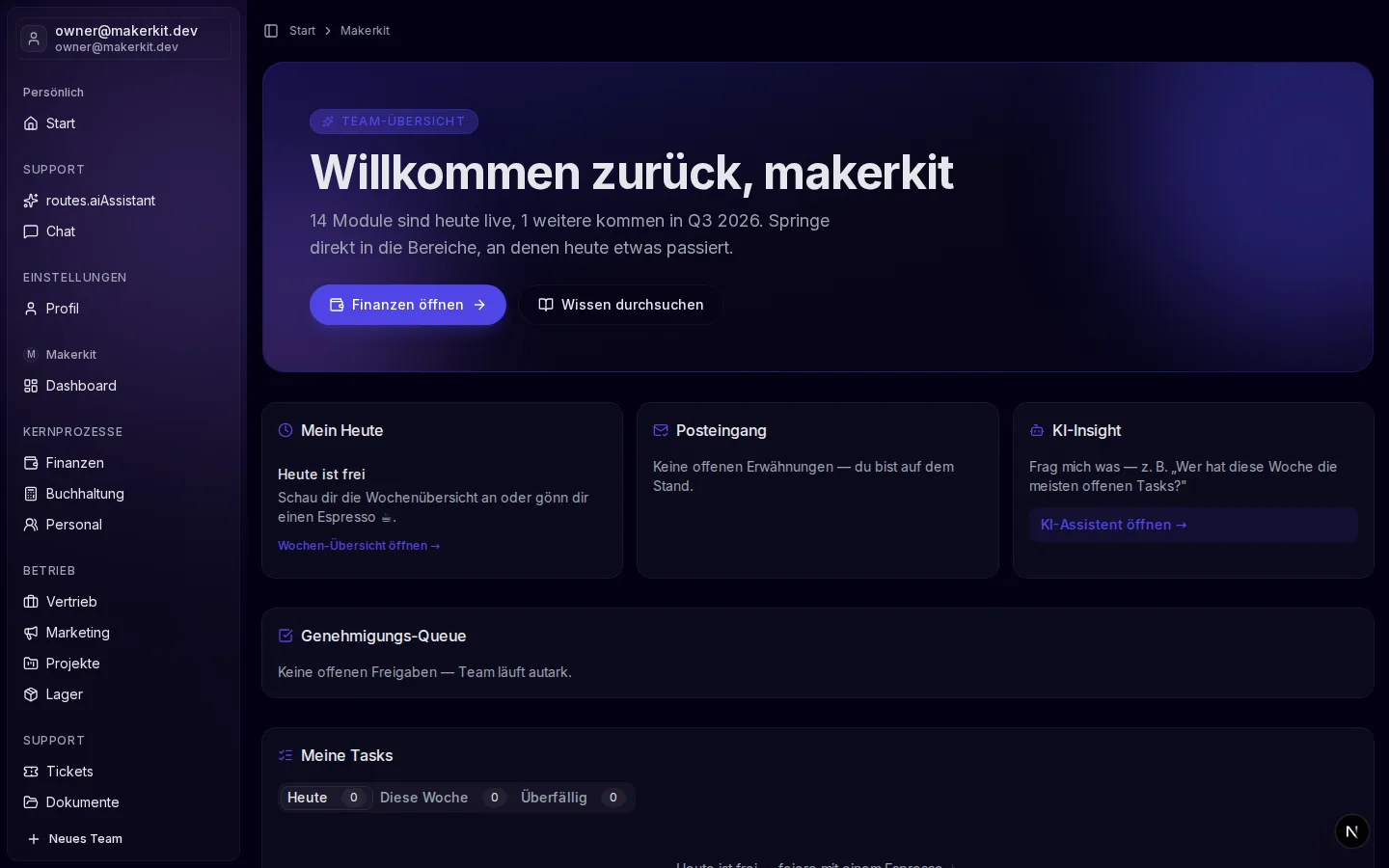 Dashboard von DARION-AI mit Modul-Sidebar und Tagesübersicht