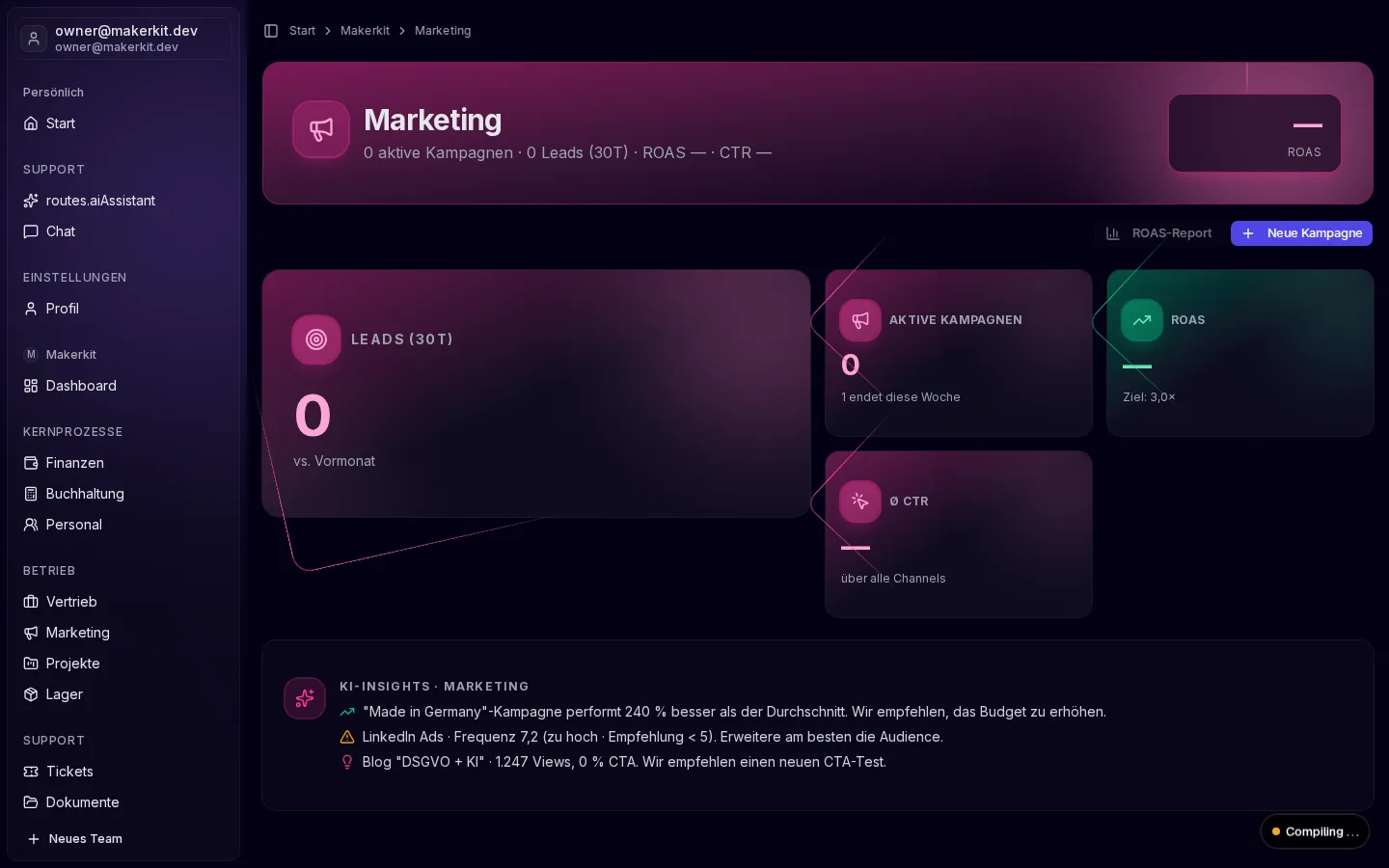 Marketing-Modul von DARION-AI mit Kampagnen und Lead-Übersicht