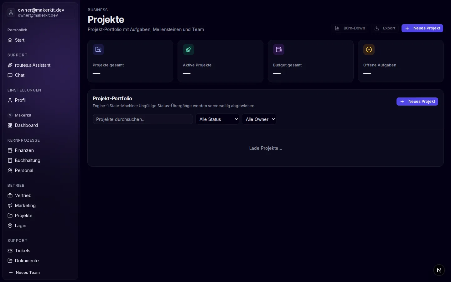 Projekte-Modul von DARION-AI mit Projekt-Portfolio und Kennzahlen
