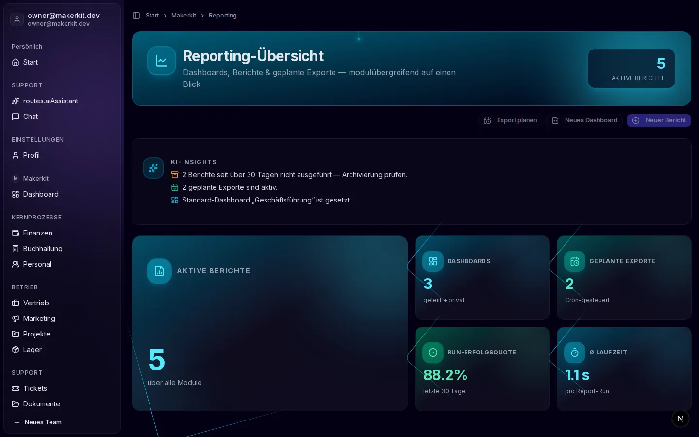 Reporting-Übersicht in DARION-AI mit Dashboards und Kennzahlen